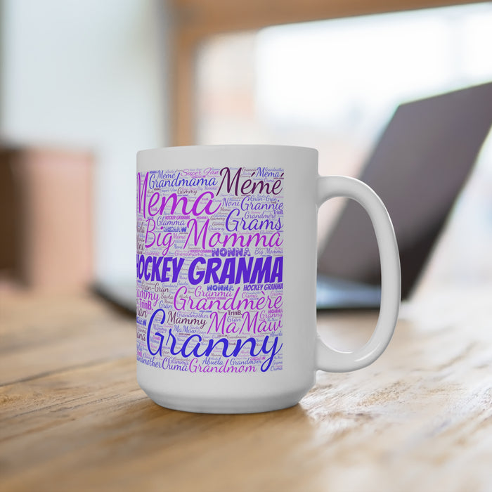 Hockey Grandma 15oz Ceramic Mug — Purple Word-Cloud Design (Granny, Meme, MaMaw)