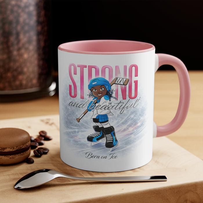 Accent Mug — "Strong and Beautiful" Hockey Girl Pink Interior